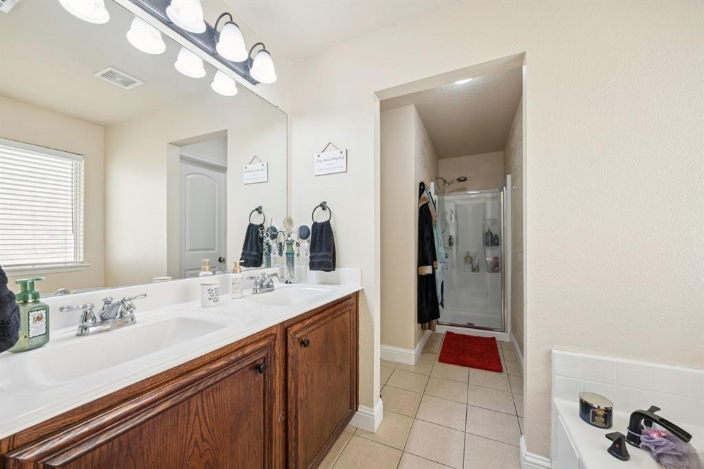 1601 Applegate Way Royse City, TX 75189 - Photo 16 of 28 a spacious bathroom with a granite countertop sink a mirror and shower