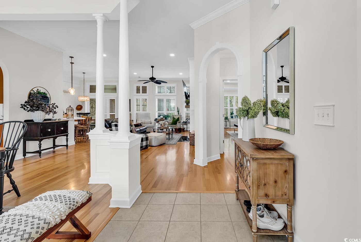 9 Saltwind Loop Murrells Inlet, SC 29576 - Photo 2 of 38 Entrance foyer featuring ornate columns, a ceiling fan, light tile patterned floors, recessed lighting, and crown molding