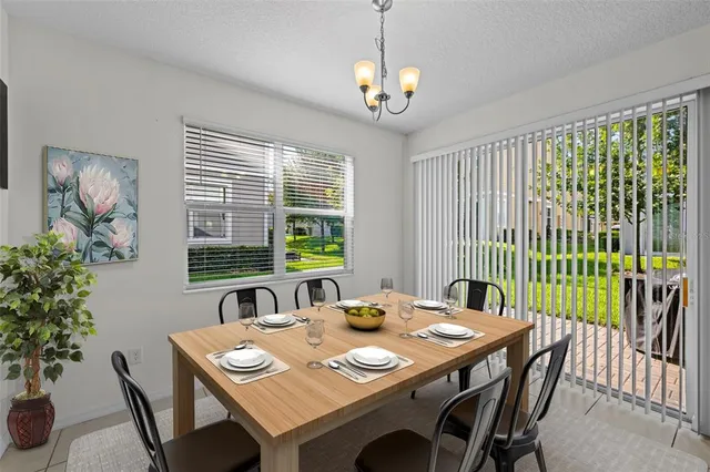 a view of a dining room with furniture window and outside view