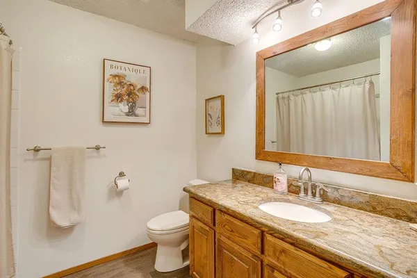 a bathroom with a granite countertop toilet sink and mirror