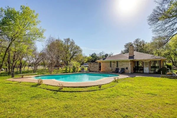 a view of a swimming pool with a garden