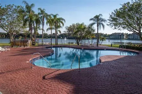 a view of a swimming pool with a patio and palm tree