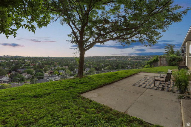 8760 Rustler Road Cottonwood Heights, UT 84093 - Photo 44 of 57 Expansive hillside property featuring a concrete patio, a mature tree, a sloped grassy area, a chain-link fence, and a distant cityscape