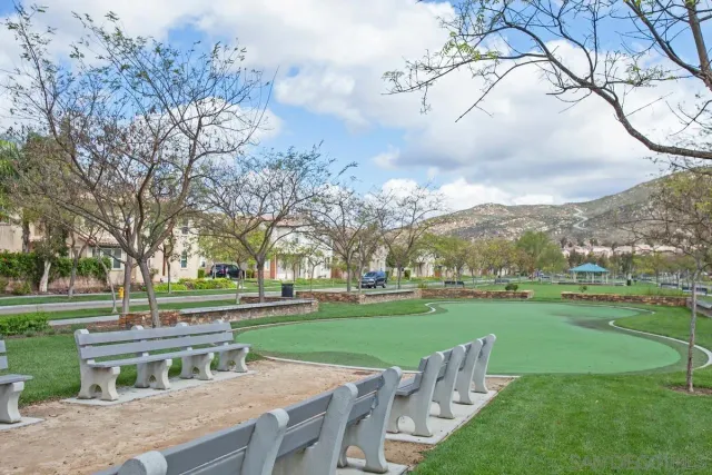 a view of a park with large trees