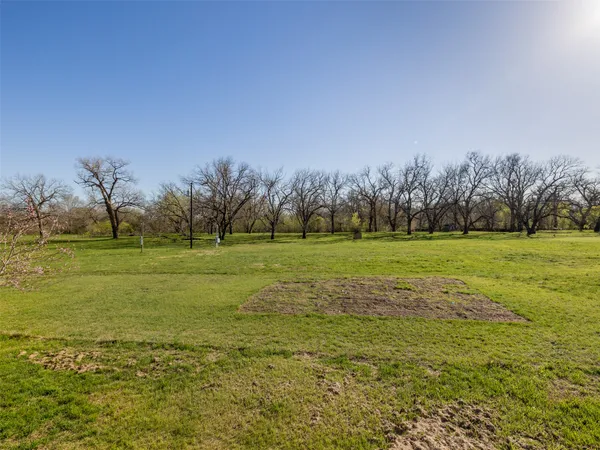 a view of a field with trees in the background