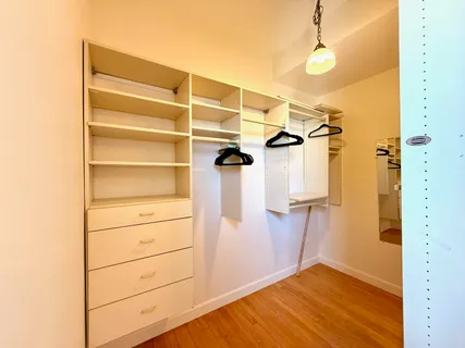 a view of walk in closet with empty racks
