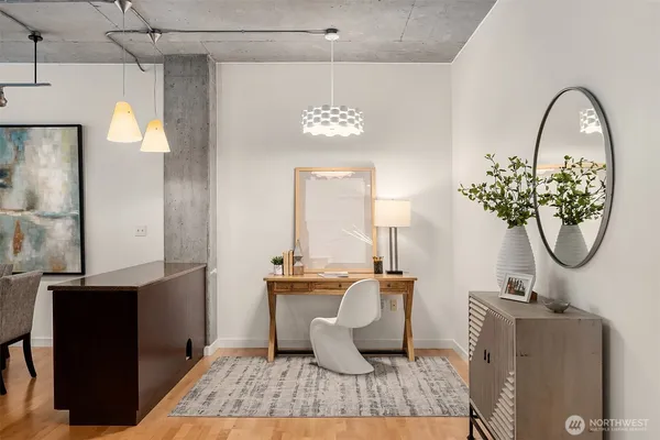 a view of a living room and bathroom