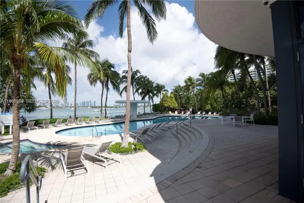 a view of a swimming pool with a lawn chairs under palm tree