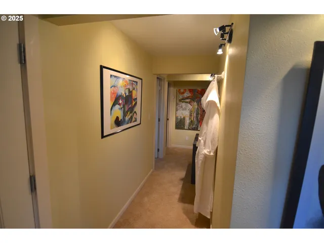 a view of a hallway with painted walls