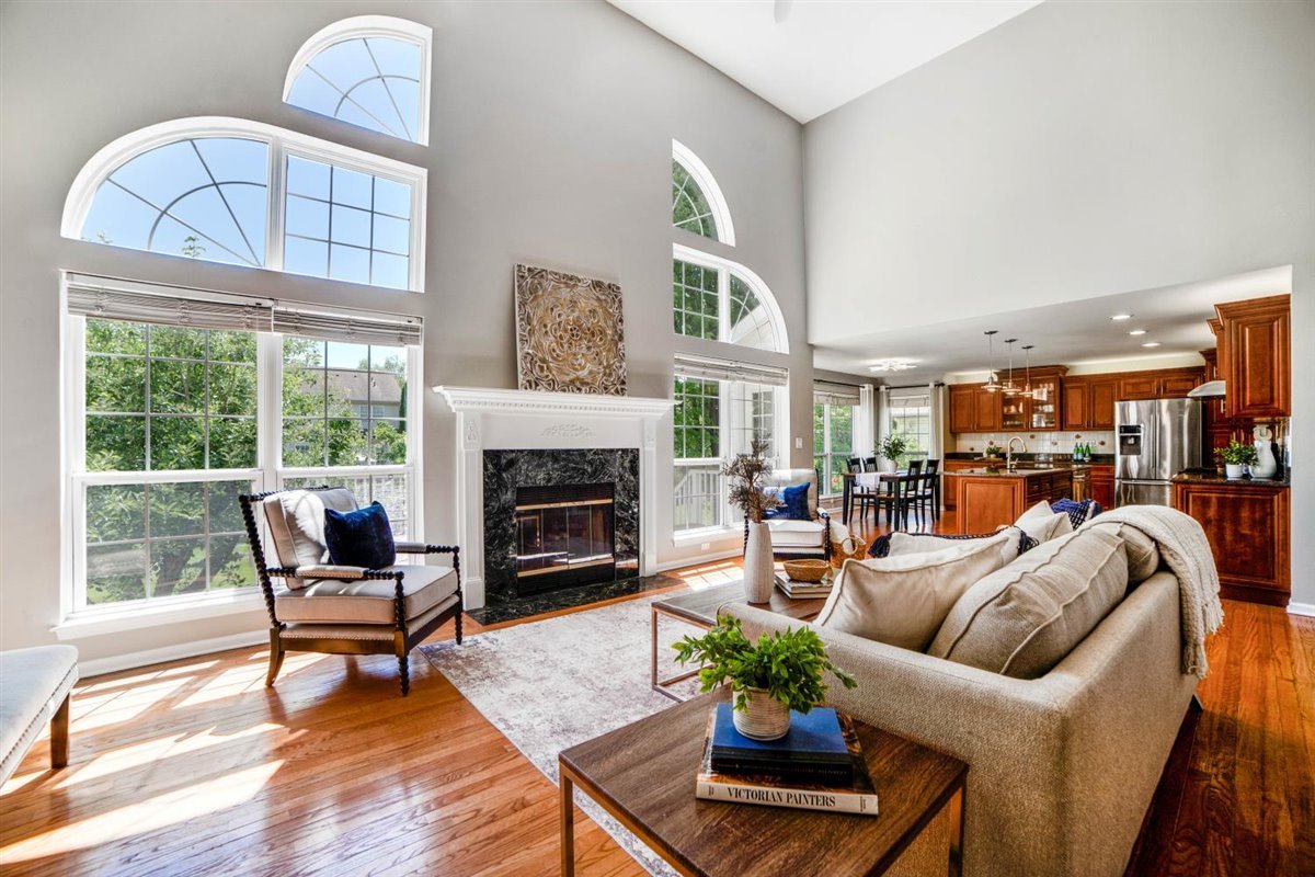752 Sigmund Road Naperville, IL 60563 - Photo 20 of 55 a living room with furniture a fireplace and a floor to ceiling window