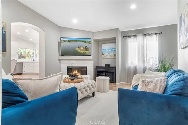 a living room with furniture and a fireplace