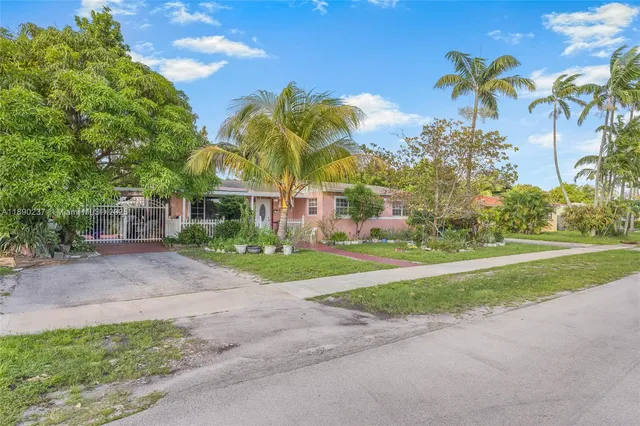 a view of a park with palm trees