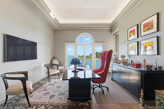 a swimming pool with outdoor seating