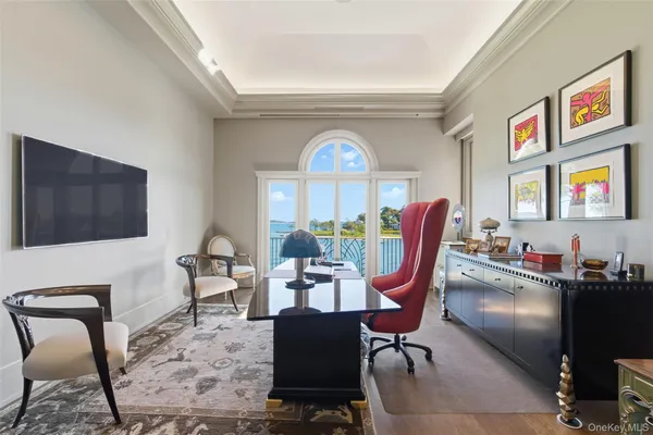 a swimming pool with outdoor seating