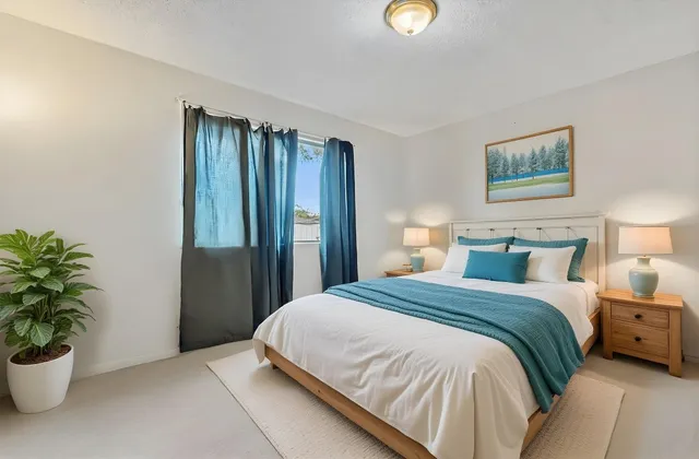 a bedroom with a bed and a potted plant