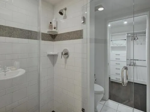 a bathroom with a shower and a toilet