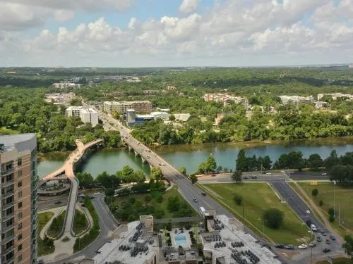 a view of a lake with a city