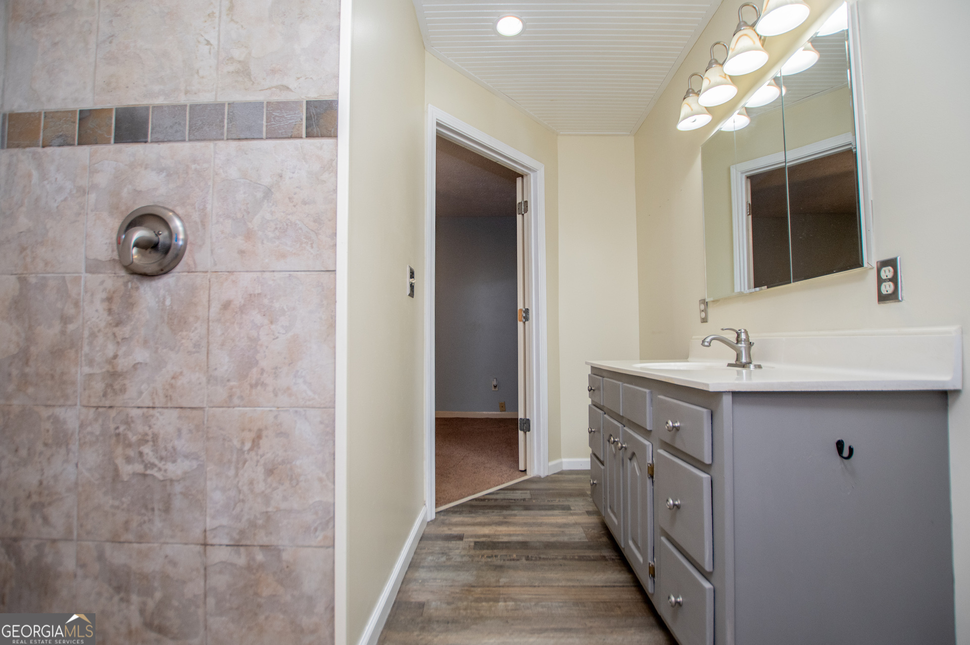 1405 Burwell Road Carrollton, GA 30117 - Photo 35 of 102 a bathroom with a double vanity sink mirror and shower