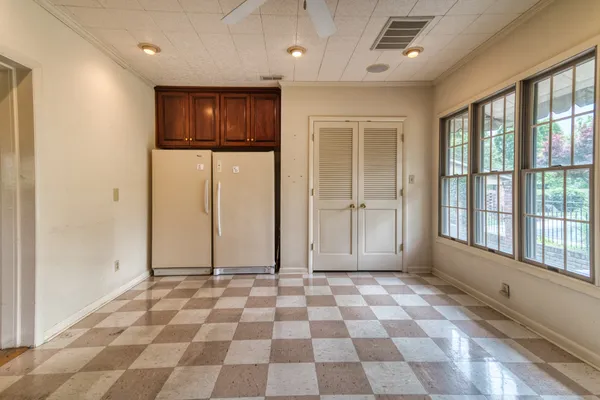 a view of a black and white checkered floor