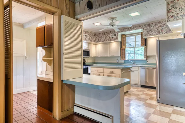 a kitchen with counter top space