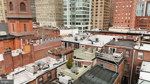 a city view with tall buildings