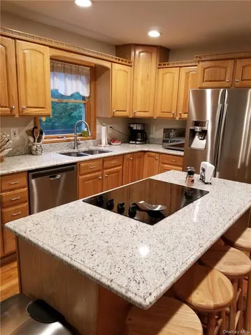 a kitchen with granite countertop a sink a counter top space and stainless steel appliances