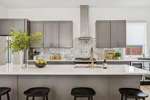 a kitchen with a sink a potted plant and wooden cabinets