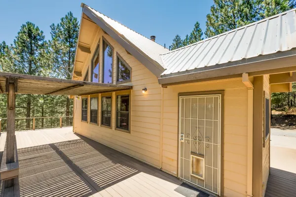 a view of a house with large windows and plants