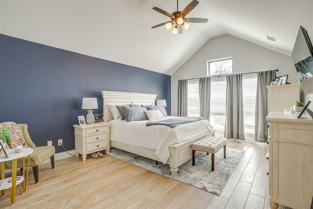 2453 Lazy Dog Lane Northlake, TX 76247 - Photo 21 of 40 Bedroom with light wood-type flooring, high vaulted ceiling, and a ceiling fan