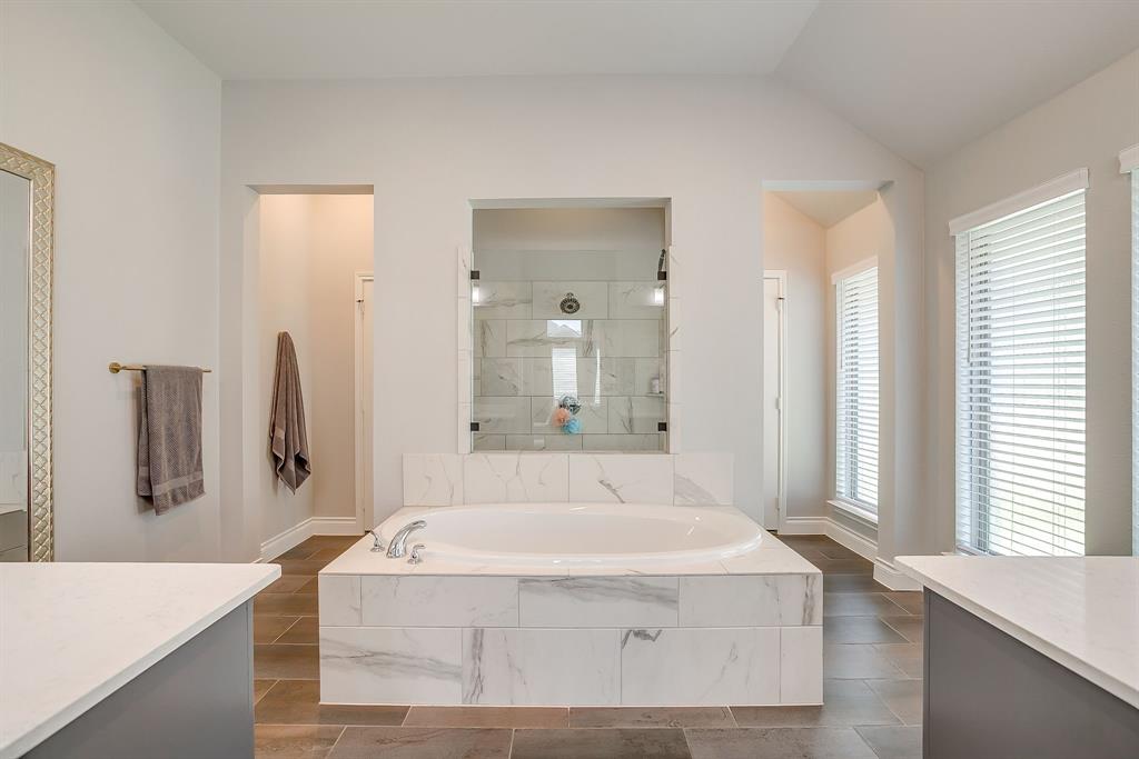 2453 Lazy Dog Lane Northlake, TX 76247 - Photo 23 of 40 Full bathroom with a bath, tiled shower, and vanity