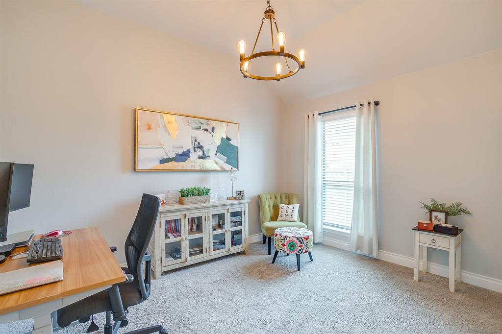 2453 Lazy Dog Lane Northlake, TX 76247 - Photo 5 of 40 Carpeted home office with lofted ceiling and a chandelier