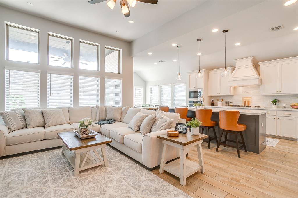 2453 Lazy Dog Lane Northlake, TX 76247 - Photo 8 of 40 Living area featuring recessed lighting, light wood-style flooring, a ceiling fan, and high vaulted ceiling