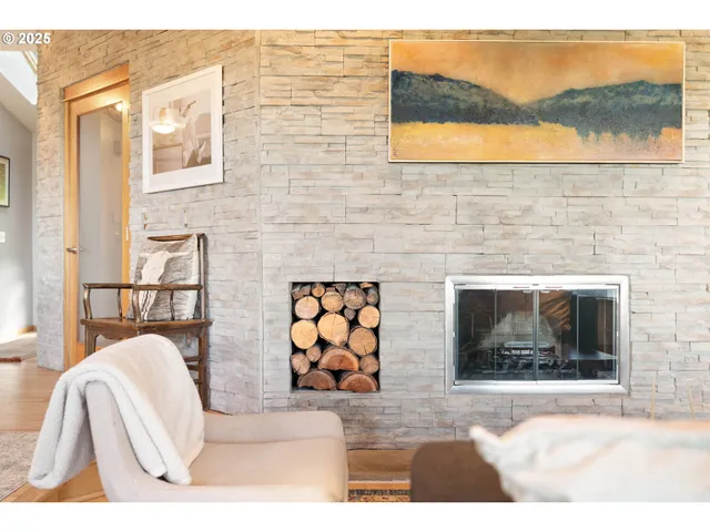 a living room with a fireplace