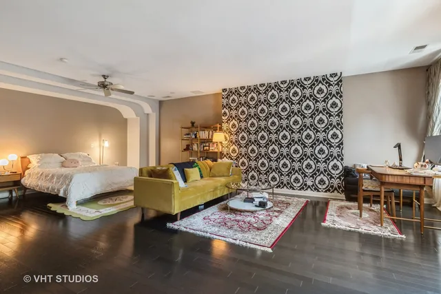 a living room with furniture and a table