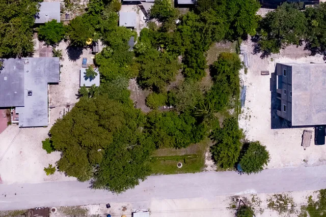 an aerial view of a house with a yard and garden
