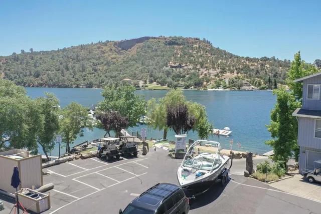 a view of a lake with a mountain in the background
