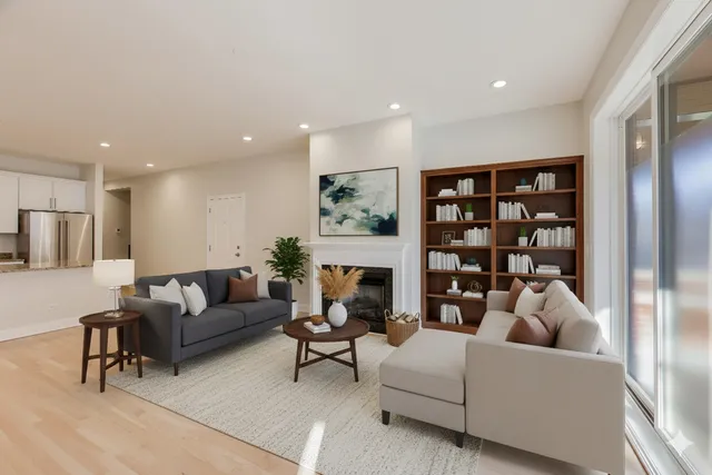 a view of a livingroom with a fireplace