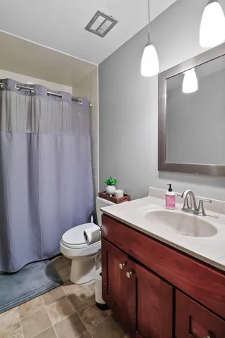 a bathroom with a sink a toilet a mirror and shower curtain