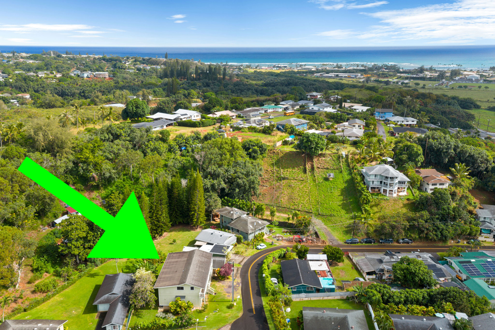 an aerial view of residential houses with outdoor space and ocean view
