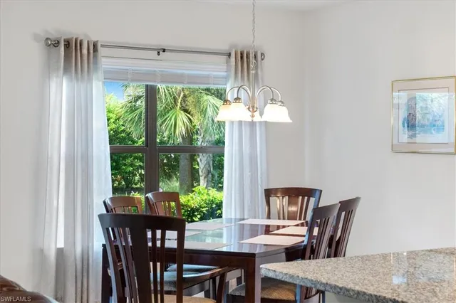 a view of a dining room with furniture window and outside view