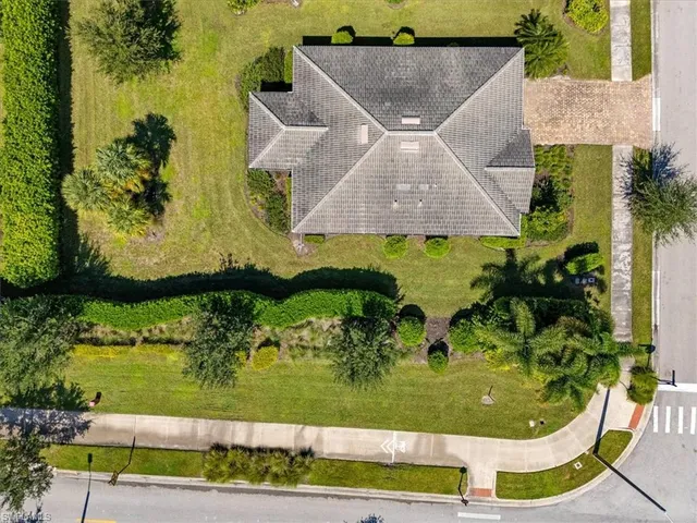 an aerial view of a swimming pool