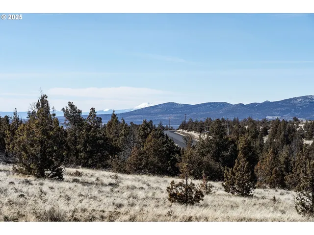 a view of a dry yard with mountains in the background