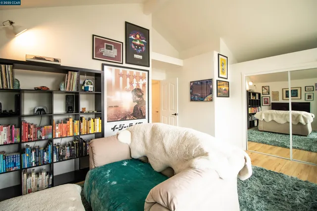a living room with furniture a rug and a book shelf