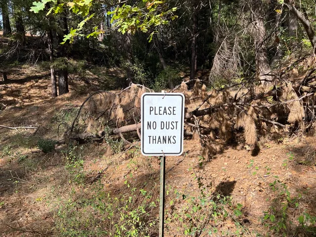 a sign board with tall trees