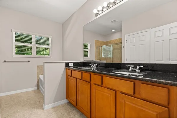 a bathroom with a sink a mirror and a bathtub