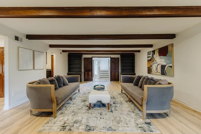 a living room with furniture and a potted plant