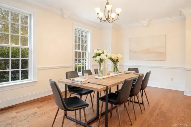 a view of a dining room with furniture and window