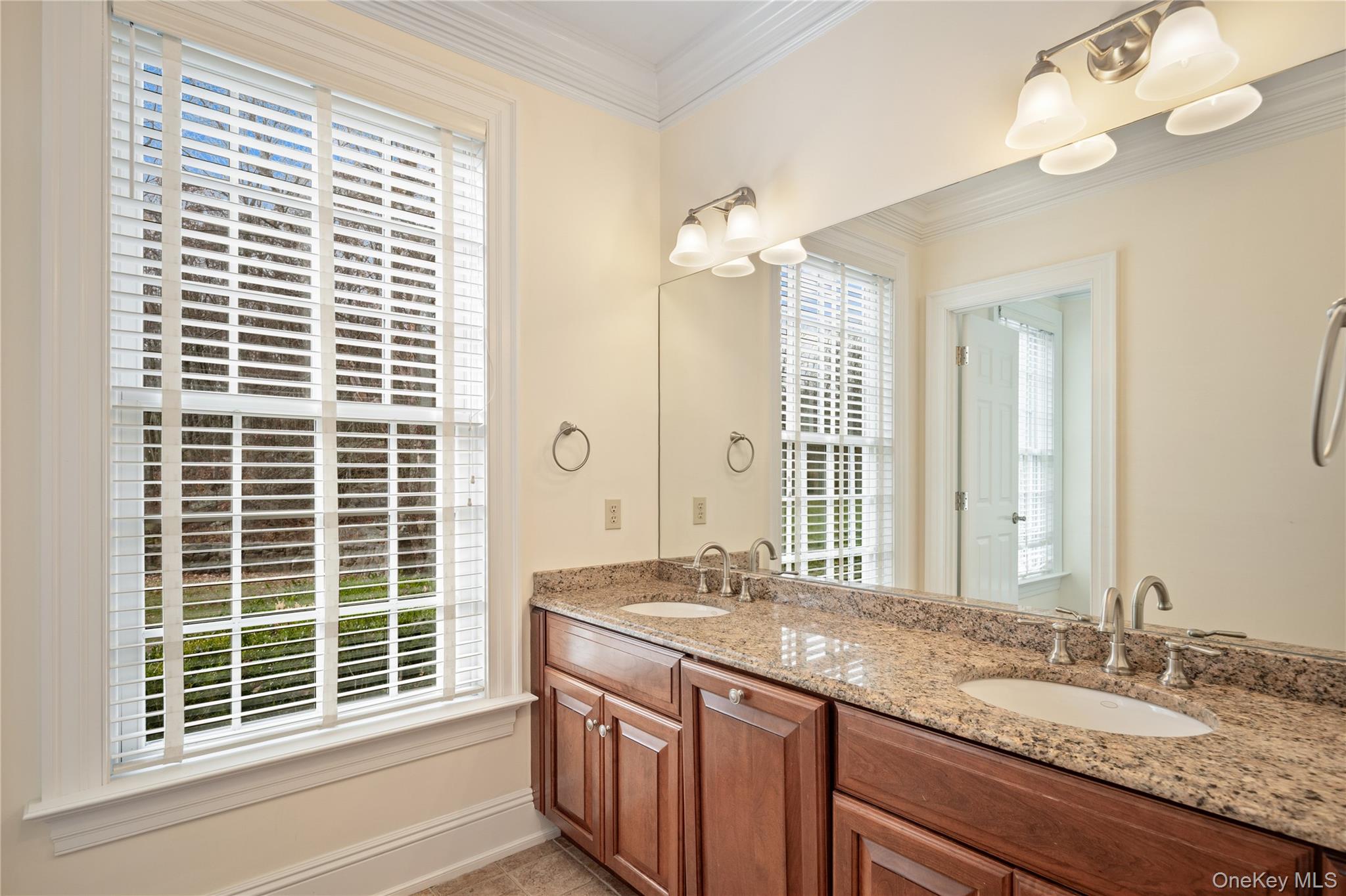 11 Lost Nations Road Pound Ridge, NY 10576 - Photo 37 of 42 a bathroom with a granite countertop sink a large mirror and a window