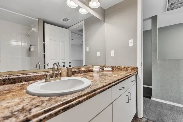a bathroom with a sink and a mirror