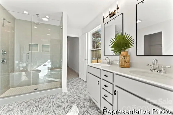 a bathroom with a double vanity sink mirror and shower